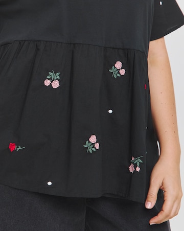 Simply Be Embroidered Red Floral Jersey Lightweight Poplin Mix Top