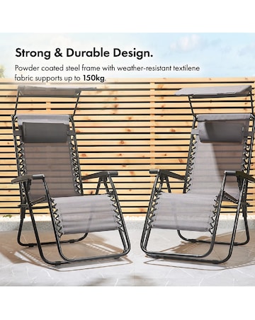 VonHaus Verona Grey Zero Gravity Reclining Garden Chairs with Canopy - Set of 2