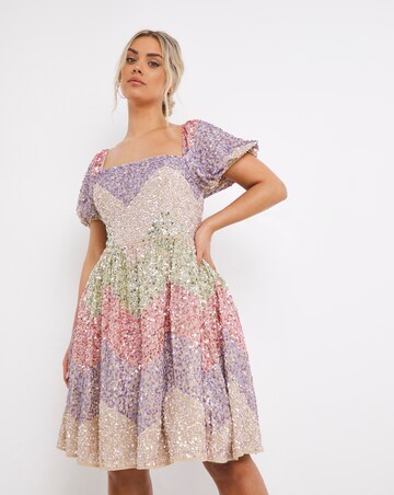 Maya Curve Square Neck Rainbow Sequin Embellished Mini Skater Dress