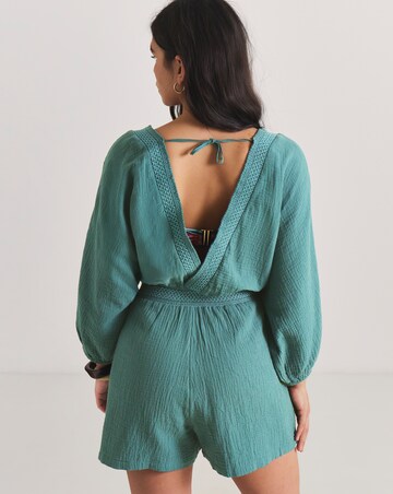 Shirred Detail Long Sleeve Plunge Beach Playsuit