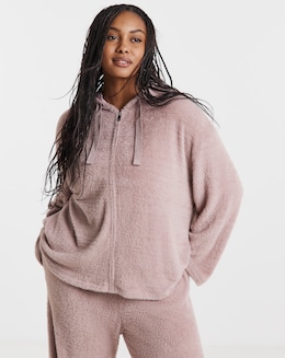 Mocha Fluffy Hooded Zip Through