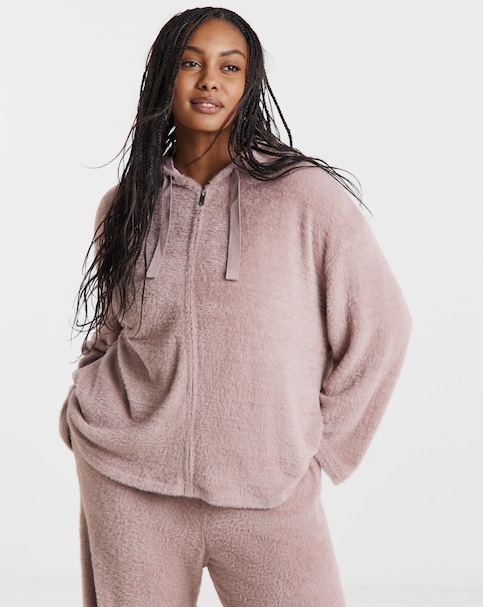Mocha Fluffy Hooded Zip Through