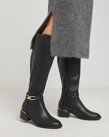 Heavenly Soles Ledger Knee High Boots With Trim Detailing Wide E Fit Curvy Calf
