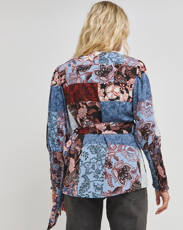 Multi Print Wrap Top with Shirred Cuff