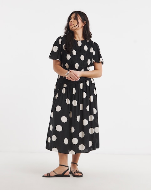 Mono Spot Print Asymm Shirred Midi Dress