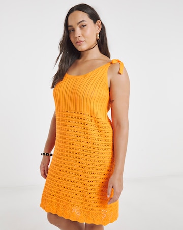Simply Be Orange Tie Shoulder Crochet Look Mini Dress