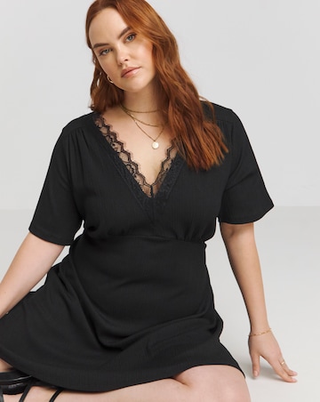 Simply Be Black Waffle Lace Trim Skater Dress
