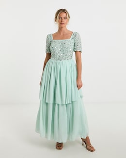 Maya Curve Sequin Embellished Tiered Tulle Maxi Dress