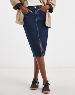Mid Blue Over The Knee Denim Skirt