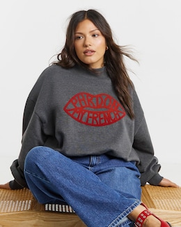 Simply Be Charcoal Marl Mon Cherie Flocked Graphic High Neck Sweatshirt
