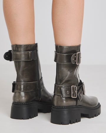 Stevie Multi Buckle Chunky Ankle Biker Boots - Wide Fit (E)