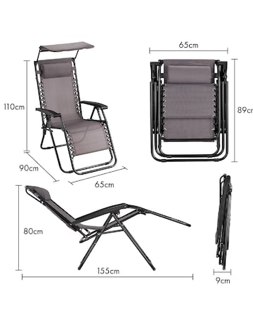 VonHaus Verona Grey Zero Gravity Reclining Garden Chairs with Canopy - Set of 2