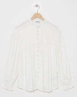 Womens Twill Collarless Blouson Sleeve Blouse- Ivory
