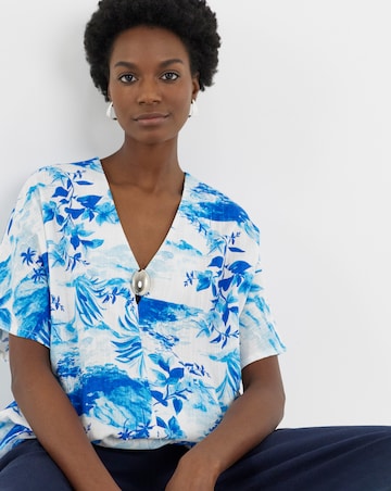 Printed Linen Mix Metal Trim Tunic Top