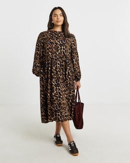 Simply Be Leopard Print Spun Viscose Midi Dress With Pockets