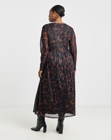 Leopard Print Long Sleeve Mesh Midi Dress
