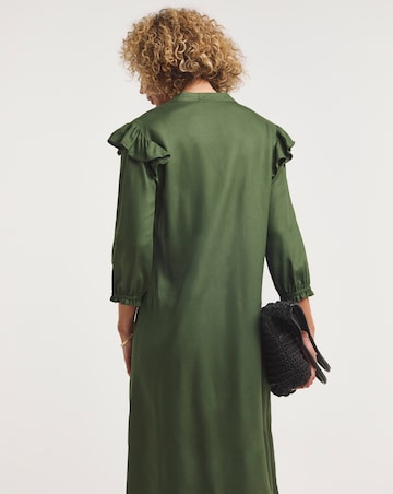Green Viscose Twill Frill Shoulder Shirt Dress