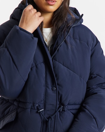 Navy Waisted Detail Padded Coat
