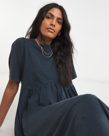 Blue Acid Wash Boxy Sleeve Midi Dress With Pockets