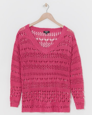 Pink Wide V Neck Crochet Jumper