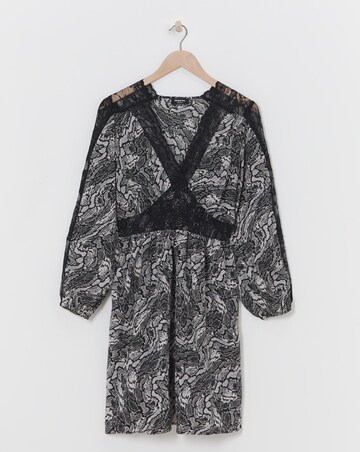 Snake Print Lace Insert Skater Dress With Shirred Waist