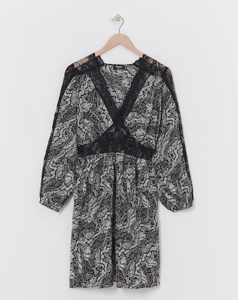 Snake Print Lace Insert Skater Dress With Shirred Waist