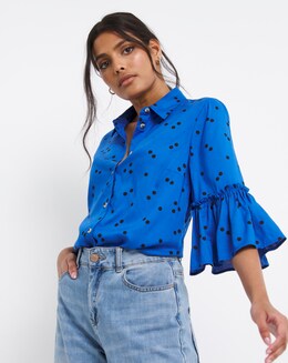 Blue Spot Short Sleeve Frill Cuff Shirt