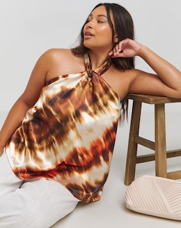 Tie Dye Print Halterneck Satin Blouse