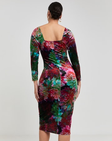 Made In GB Floral Printed Velvet Wrap Knot Front Midi Dress
