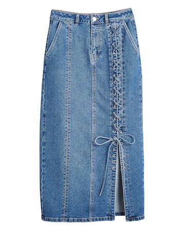 Blue Lace Detail Denim Maxi Skirt