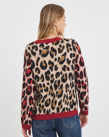 Simply Be Neutral & Red Leopard Jacquard Cardigan