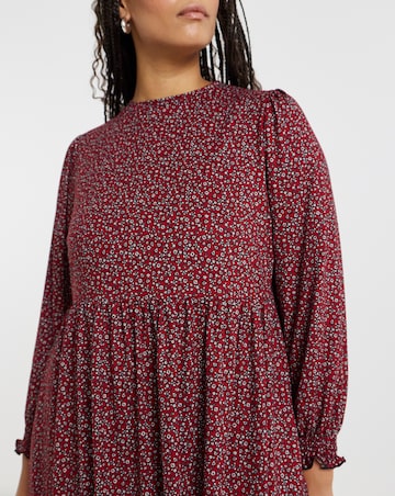Red Ditsy Print Supersoft Midi Dress With Shirred Cuff