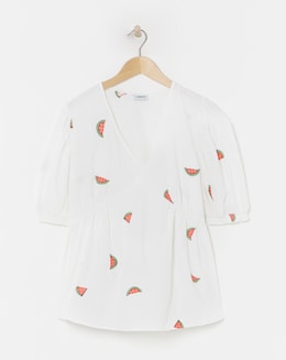 Ivory Poplin Watermelon Embroidered Puff Sleeve Blouse