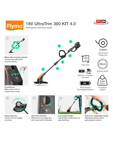 Flymo 18V UltraTrim 300 Cordless Grass Trimmer 4.0Ah Battery & Charger