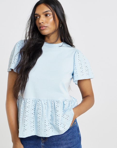 Simply Be Blue Crew Neck Peplum Stretch Broderie Top