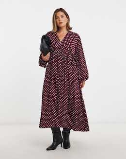 Burgundy Spot Printed Waist Detail Midi Dress
