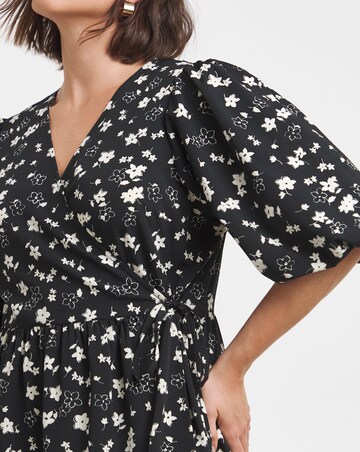 Ditsy Print Puff Sleeve Wrap Midi Dress