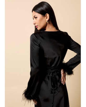 Little Mistress Black Satin Feather Trim Sleeve Midaxi Dress