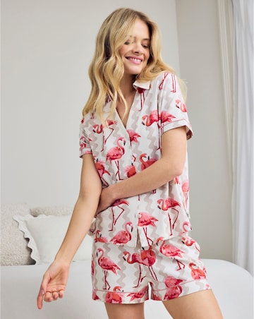 Chelsea Peers Organic Cotton Button Up Pyjama Short Set Flamingo Stripe Print