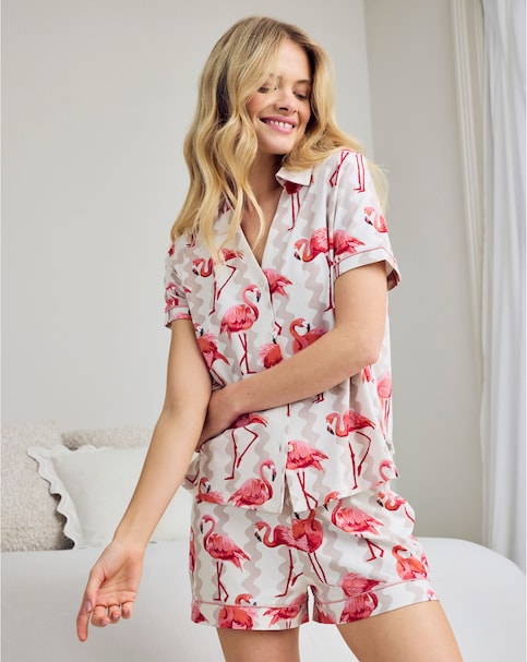Chelsea Peers Organic Cotton Button Up Pyjama Short Set Flamingo Stripe Print