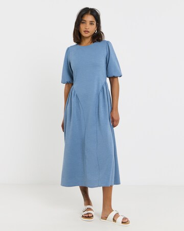Blue Textured Jersey Midi Dress With Waist Detail