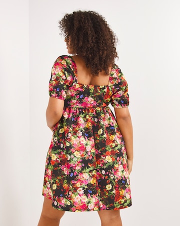 Made In GB Black Floral Printed Scuba Square Neck Smock Dress