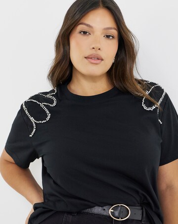 Black Diamante Shoulder Detail T-Shirt