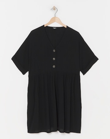 Black Crinkle Button Through Pocket Smock Dress