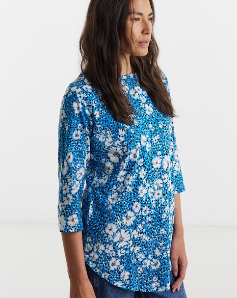 Blue Printed Longline Curved Hem 3/4 Sleeve Top