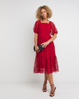 Red Square Neck Puff Sleeve Lace Dress