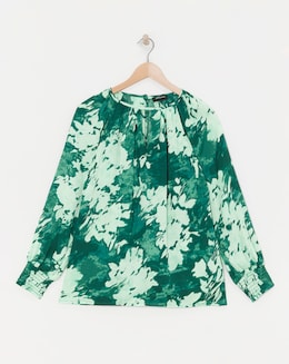 Womens Satin Cut Out Detail Long Sleeve Blouse - Green Floral