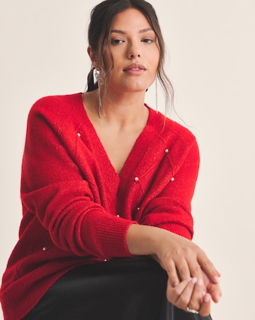 Red V-Neck Pearl Cable Knit Tunic
