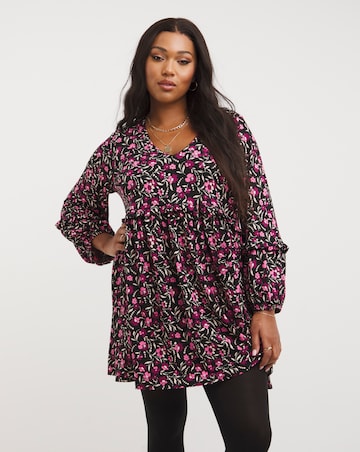 Black Floral Supersoft Jersey Frill Detail Smock Dress