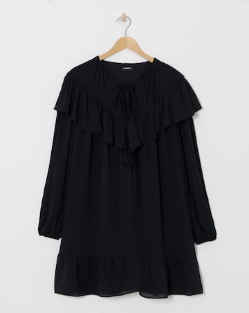 Black Crinkle Georgette Frill Smock Dress